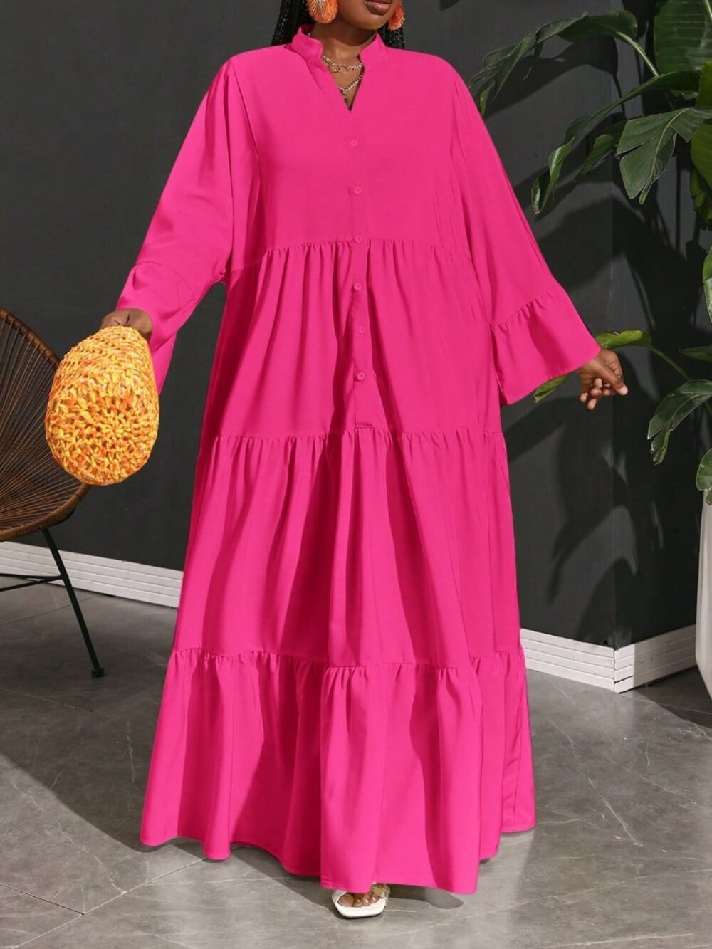 Hot Pink Cute Women's Plus Size Vacation Casual Loose Woven A-Line Shirt Dress - Picture 6 of 8